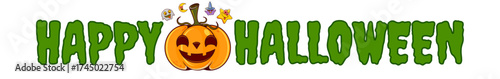 Funny cartoon pumpkin and green Happy Halloween text for a wide banner. Happy halloween wide banner with cartoon funky pumpkin and greeting green text