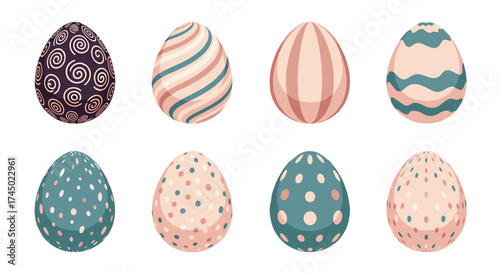 An assortment of uniquely decorated easter eggs in pixel art.