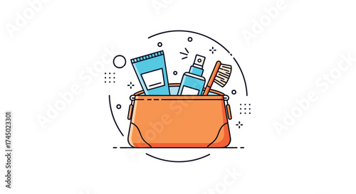 A small orange pouch with toiletries including toothpaste and toothbrush.
