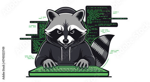 A serious raccoon hacker wearing a hoodie and headphones typing on a keyboard.