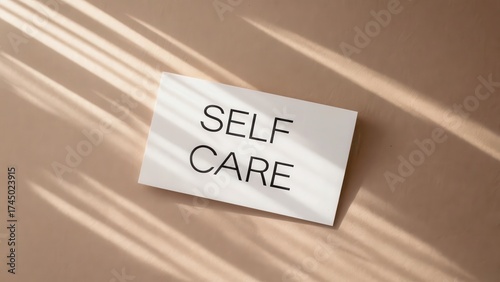 Self care card with shadows on beige background