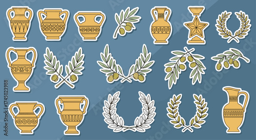 Ancient Greek pottery and olive branches.