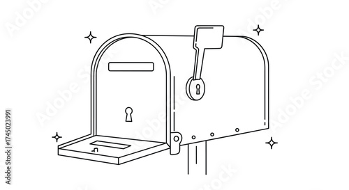 A clean drawing of a mailbox with its door open and a flag attached.