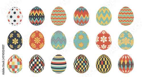 A collection of colorful and patterned Easter eggs.