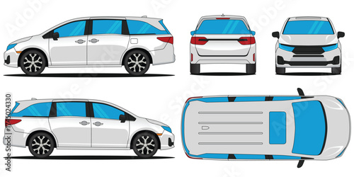 Minivan car vector. Car mockup vector isolated on white background. With side, front, rear, top views