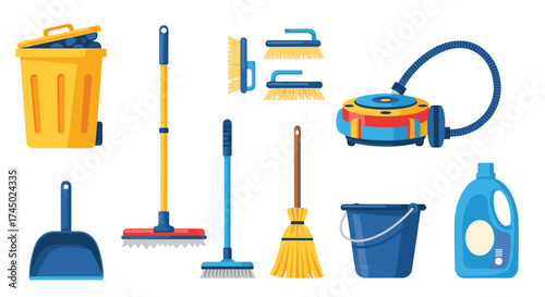 Collection of cleaning tools and supplies for a spotless home.