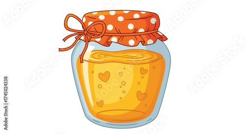 A delightful jar of golden honey adorned with small hearts.