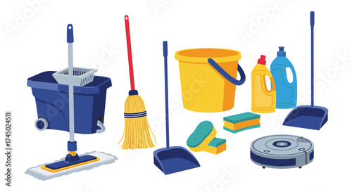 Essential cleaning tools and supplies for a sparkling home environment.