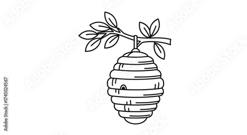 A simple drawing of a beehive hanging from a tree branch with leaves.
