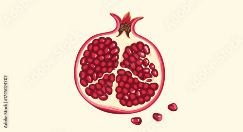 A vibrant pixel art illustration of a halved pomegranate revealing its juicy seeds.