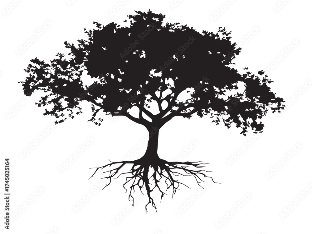 Fototapeta premium Decorative Wide Tree With Roots Silhouette Art 2D Vector Design