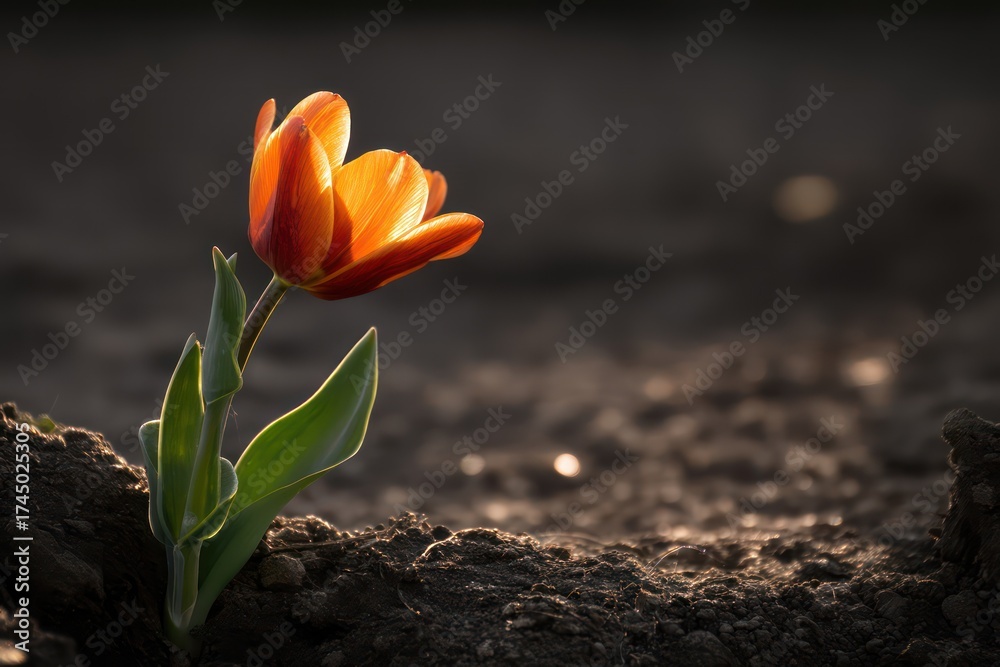 Obraz premium Blooming orange tulip on rough soil in afternoon sunlight