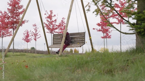 Experience a picturesque autumn scene where a child swings joyfully in a park adorned with vibrant red trees and soft green grass, embodying nature's beauty and warmth.