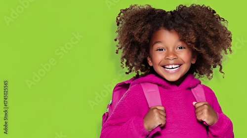 Joyful African American Girl with Backpack Ready for School on Green Background