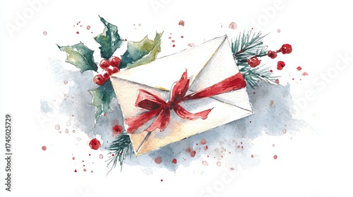 A festive watercolor illustration of an envelope tied with a red ribbon, surrounded by holly leaves and berries.