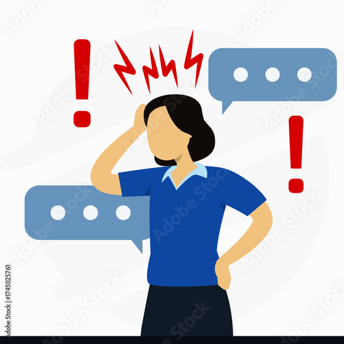 Panic concept. Businesswoman character holding her head with hand accompanied by speech bubbles. Fake news, escalation, advertising noise, disinformation.