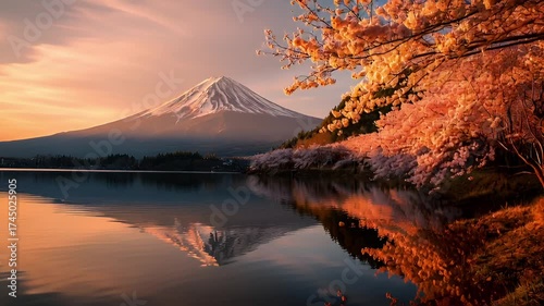 Mount Fuji with Cherry Blossoms at Sunrise: A Serene Landscape Reflection
