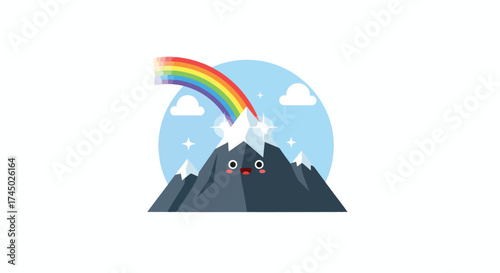 Cartoon Mountain with Rainbow and Happy Face.