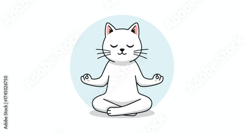 White cat meditating in lotus position with eyes closed and calm expression.
