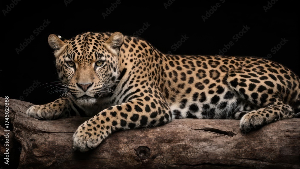 Obraz premium A majestic leopard rests on a log, eyes locked on the viewer, with a dark background