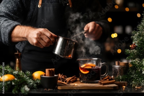Male bartender preparing mulled wine with cinnamon and orange
