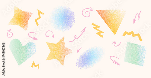 Pastel distressed geometric figure set with grainy grunge texture. Gradation figures. Y2k rhombus, circle, star and blink in soft kids vector gritty design. Vector blur stickers on beige background.