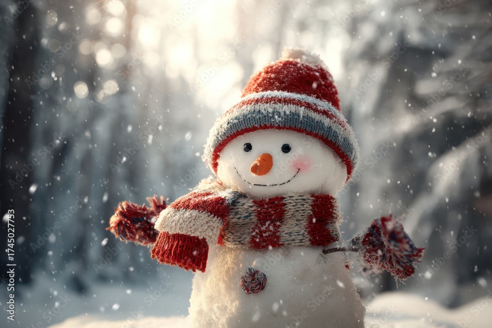Fototapeta premium Happy Snowman in Red Hat in Snowy Winter Forest