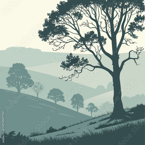 Misty rolling hills with silhouetted trees and grass