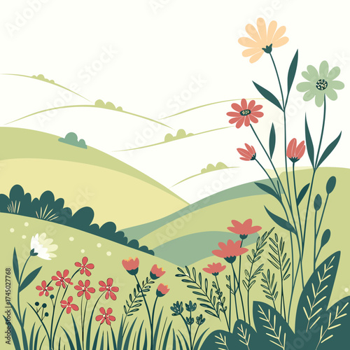 Pastoral landscape with blooming wildflowers and rolling hills