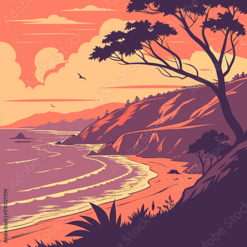 Stylized coastal landscape with a dramatic sunset over the ocean and rolling hills