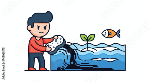 Person polluting water with oil and a fish swimming nearby.