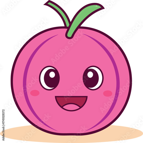Vector illustration of happy cartoon plum character with cute face and rosy cheeks