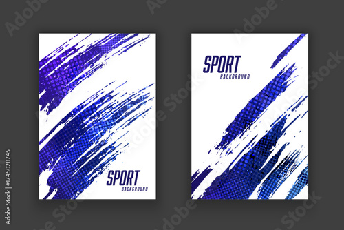 Abstract sports cover or poster design with blue brush strokes and halftone effect. Sports template design.