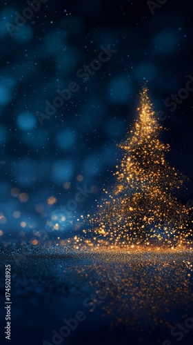 Golden bokeh tree on midnight sky, shimmering bokeh particles rise at right with soft reflection on glossy surface, deep blue backdrop adds bokeh depth and festive mood, elegant holiday banner concept