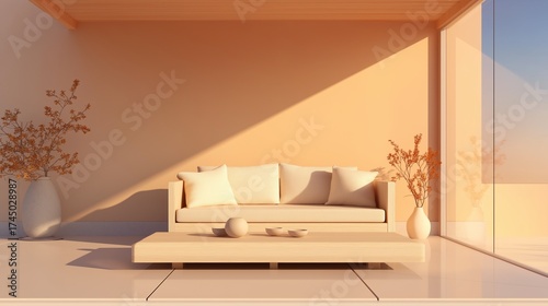 Warm minimalist living room interior with sunlit sofa, soft sofa cushions, wood coffee table, large window and dry branches in ceramic vases; cozy sofa scene in neutral palette, calm weekend vibe