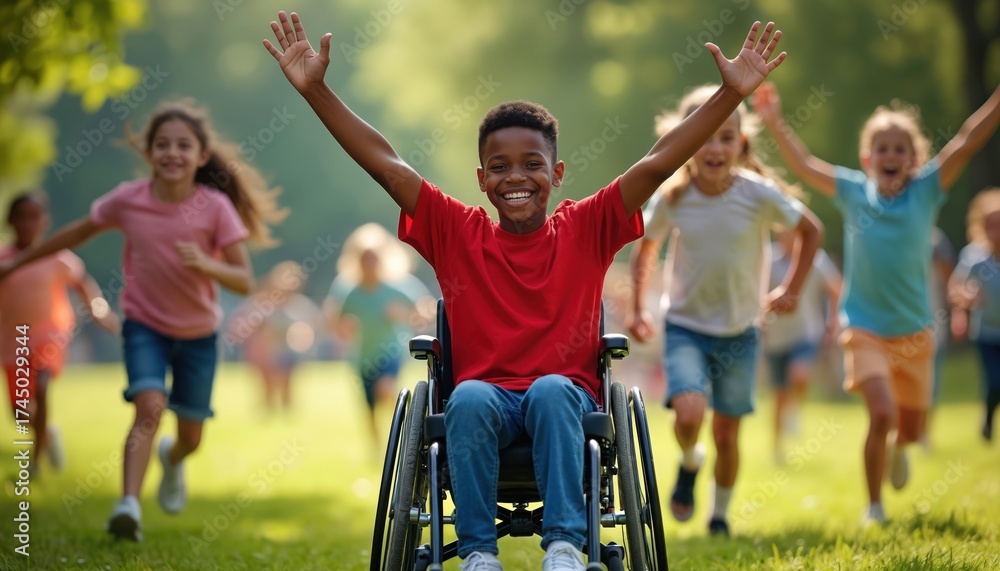 Fototapeta premium Young boy in wheelchair with arms raised smiling. Group of diverse children run behind in park. Kids participate in inclusive outdoor activity together on green grass. Children fun playing outside.