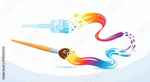 Two paintbrushes creating colorful rainbow strokes on a white background.