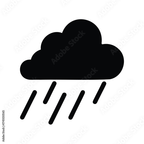 Black silhouette of a cloud with falling rain isolated on white backdrop
