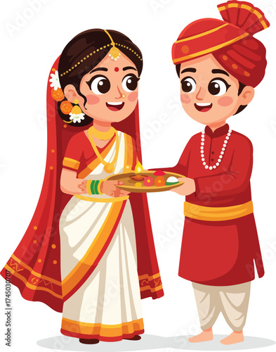 Cartoon Indian Bride and Groom with Puja Thali 