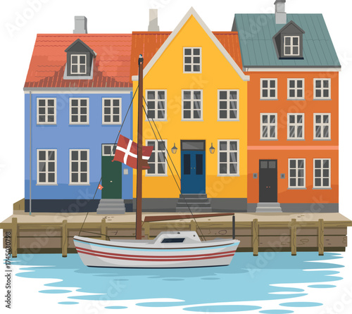 Colorful Scandinavian houses with boat on canal, Copenhagen Denmark architecture illustration, Nordic travel art, European cityscape, tourism design concept