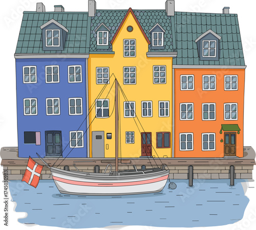 Colorful Scandinavian houses with boat on canal, Copenhagen Denmark architecture illustration, Nordic travel art, European cityscape, tourism design concept