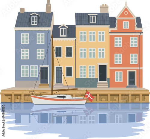 Colorful Scandinavian houses with boat on canal, Copenhagen Denmark architecture illustration, Nordic travel art, European cityscape, tourism design concept