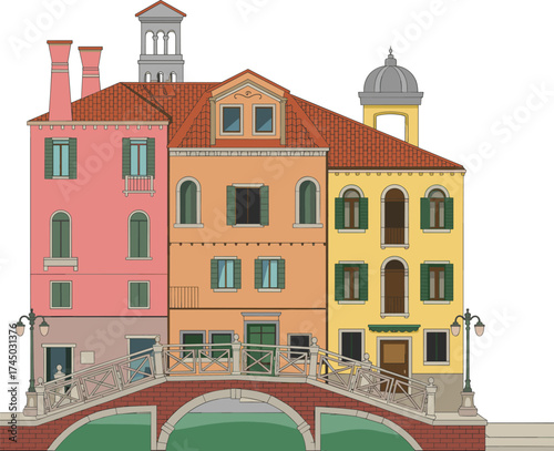 Colorful Venetian buildings with bridge over canal, Italy architecture illustration, European travel art, historical cityscape, tourism and culture design