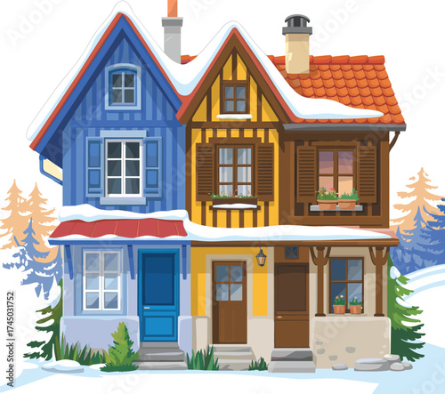 Colorful winter cottages with snow on roof, cozy alpine houses illustration, mountain village scene, holiday travel, Christmas season art