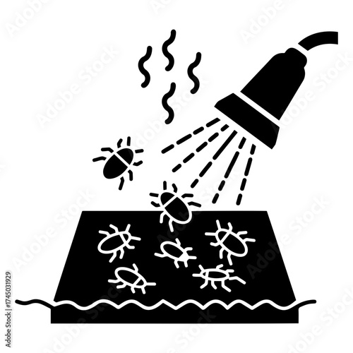Flea control icon featuring steam treatment with insects on a surface being cleaned