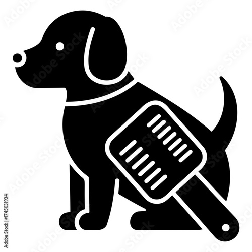 Dog sitting with pet grooming brush for flea control icon  