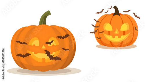Whimsical Pumpkin and Bats Halloween Illustration