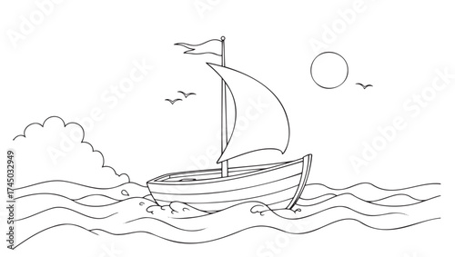 Sailboat drawing for kids with a lively wind and sun in a seaside landscape