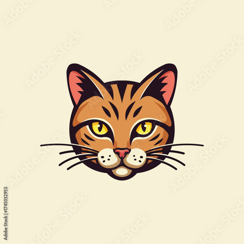 Adorable striped cat face with striking yellow eyes and a cute pink nose. Vector illustration.