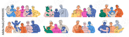 Large abstract family set. Happy grandparents, parents and kids together. Different generation portrait with baby, children and older relatives. Flat vector illustrations isolated on white background